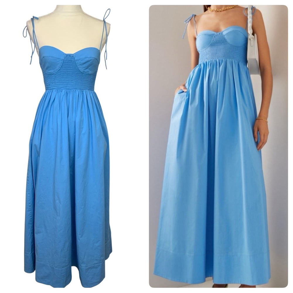 STAUD Sz Small Landry Blue Cotton Poplin Shoulder-Tie Smocked Bustier Maxi Dress